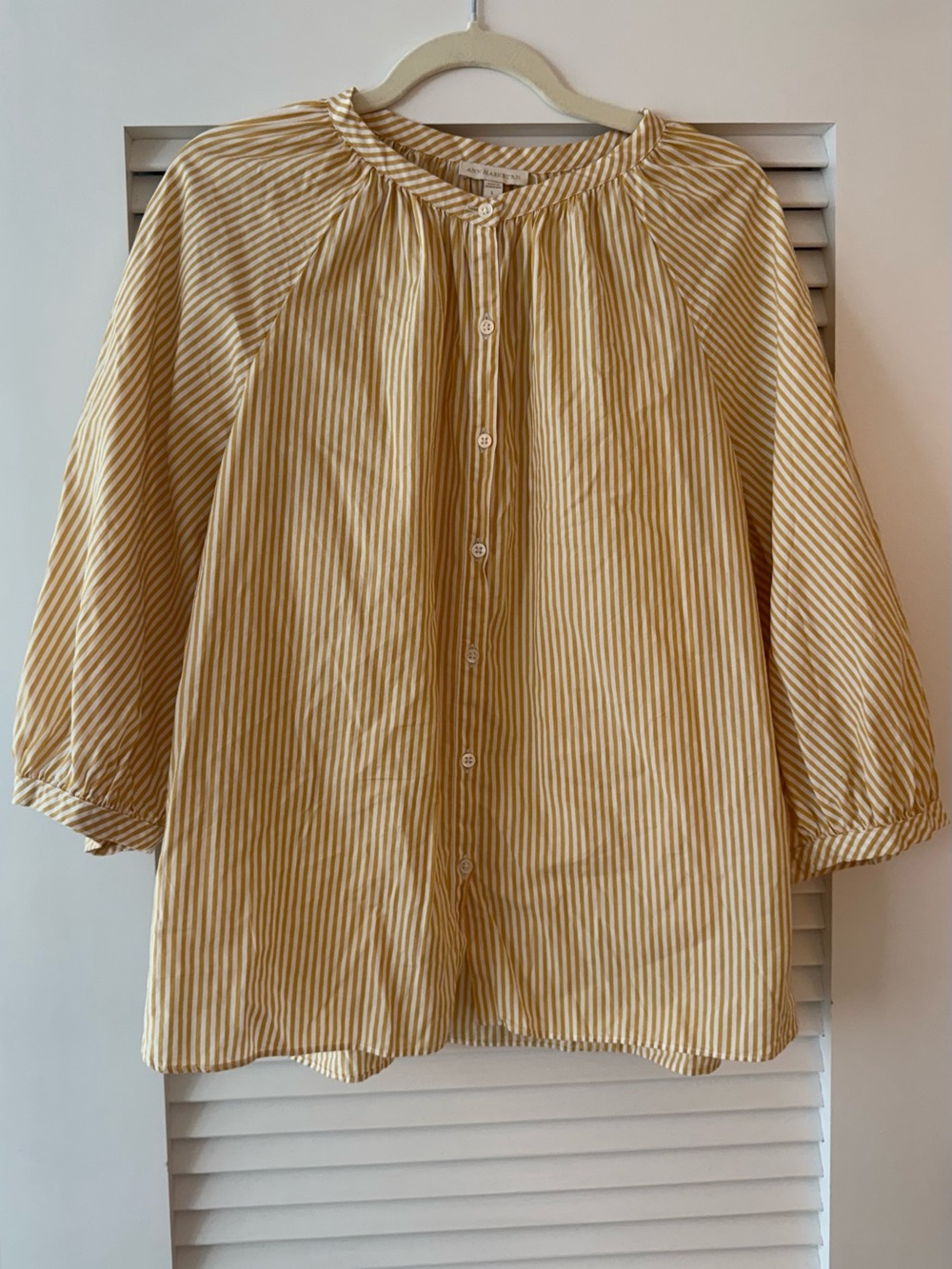 NWOT ANN MASHBURN Yellow & White Striped Button Up Blouse, Billowy 3/4 Sleeves